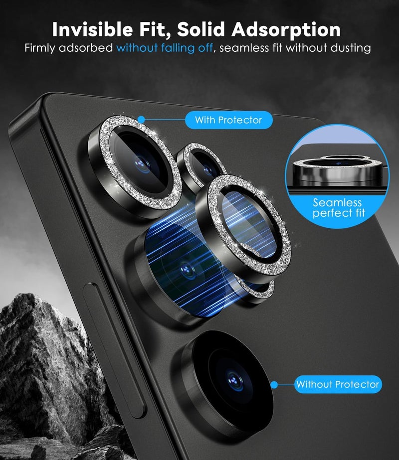 CloudValley for Samsung Galaxy S25 Ultra Camera Lens Protector Bling, 9H Tempered Glass + Aluminum Alloy Lens Protective Ring [Glitter Decoration] Ultra-HD Tempered Glass Cover,Glitter Titanium Black - Image 4